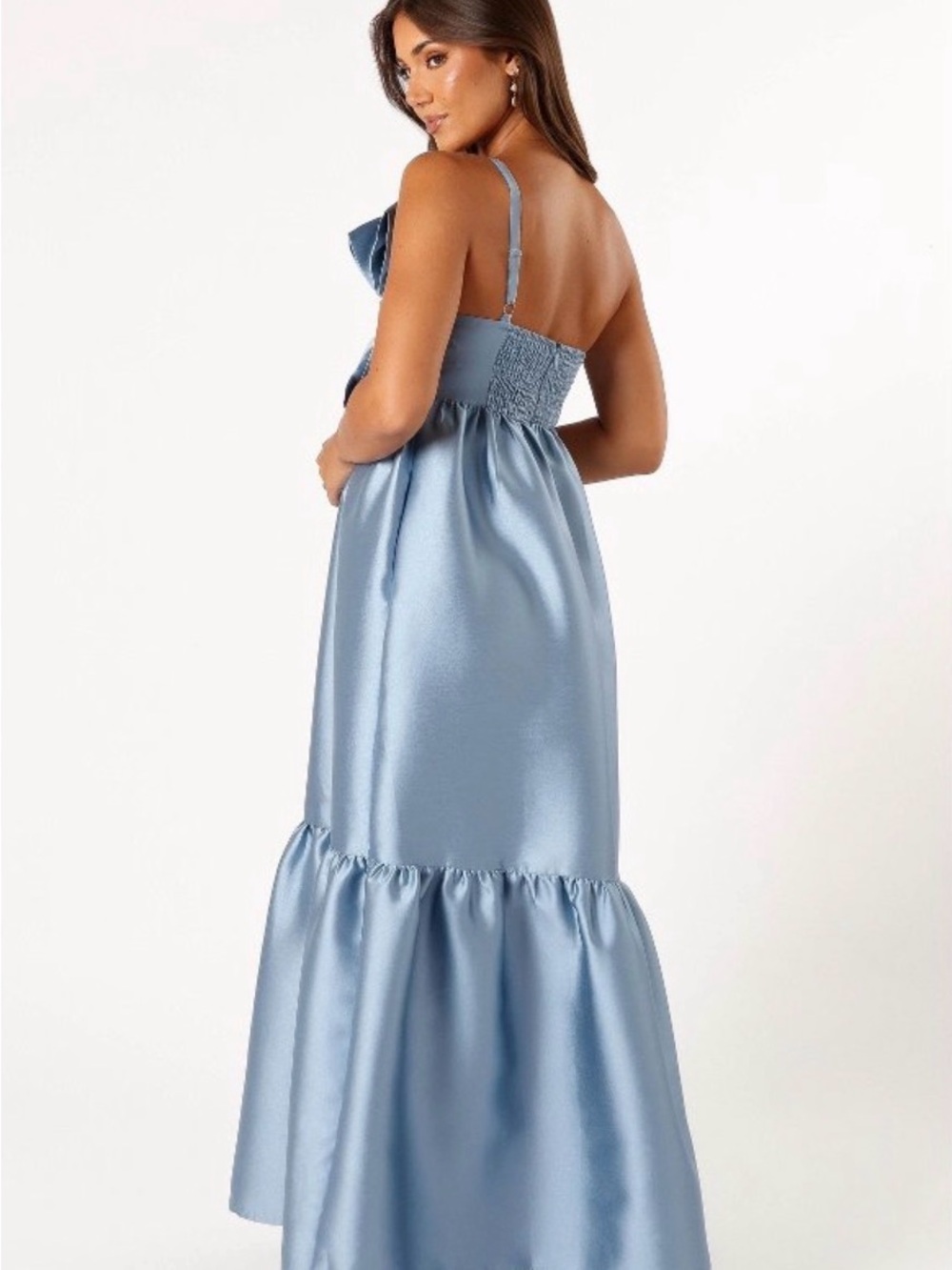 Petal & Pup Powder Blue One-Shoulder Satin Maxi with Statement Bow - Picture 3 of 3